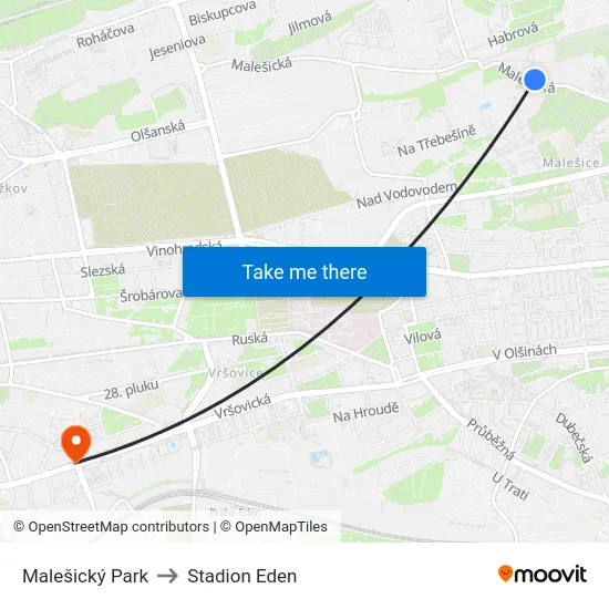 Malešický Park to Stadion Eden map