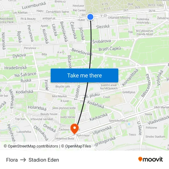 Flora to Stadion Eden map