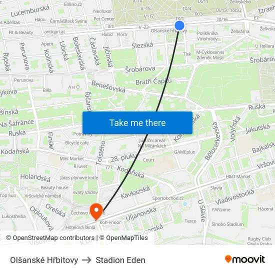 Olšanské Hřbitovy to Stadion Eden map