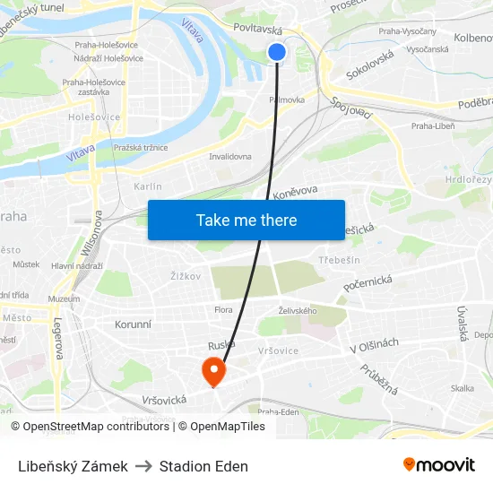 Libeňský Zámek to Stadion Eden map