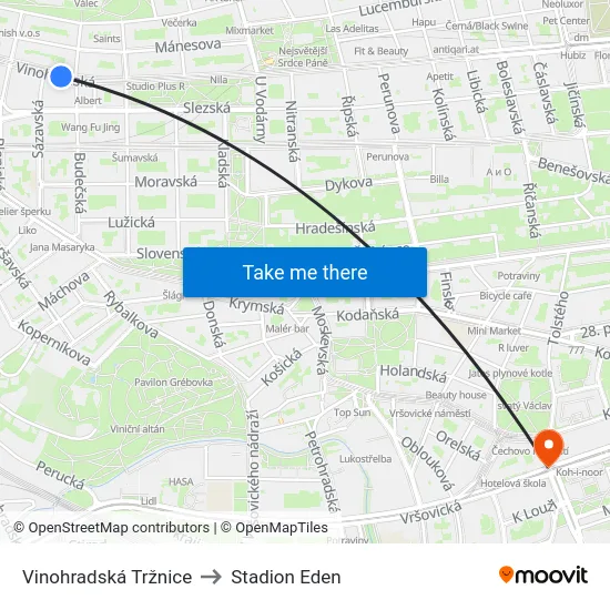 Vinohradská Tržnice to Stadion Eden map
