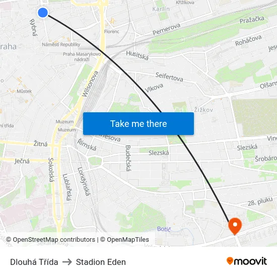 Dlouhá Třída to Stadion Eden map