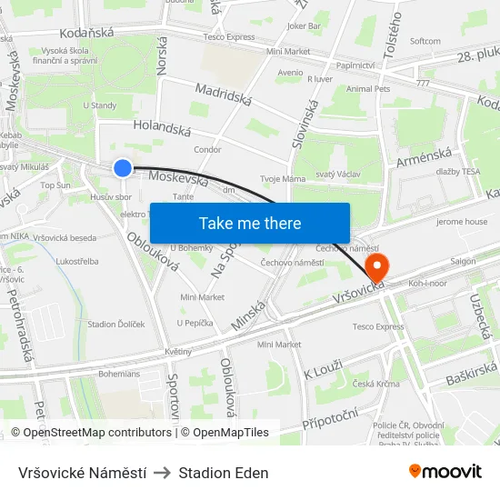 Vršovické Náměstí to Stadion Eden map
