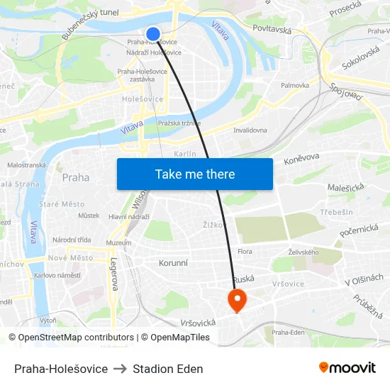 Praha-Holešovice to Stadion Eden map
