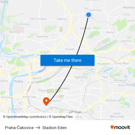 Praha-Čakovice to Stadion Eden map