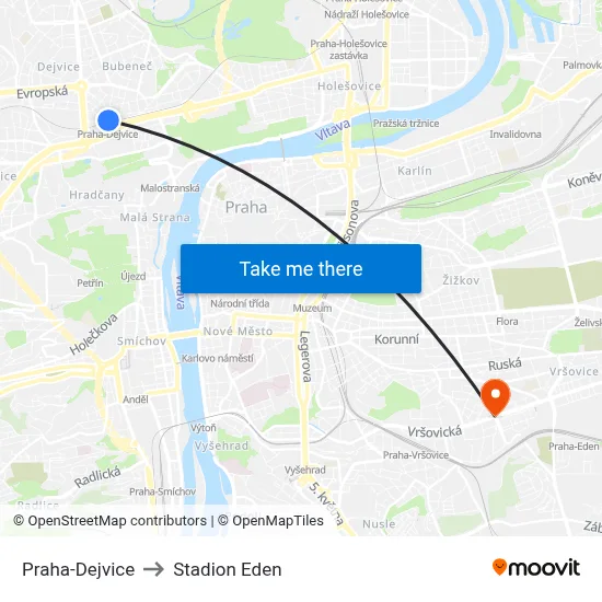 Praha-Dejvice to Stadion Eden map