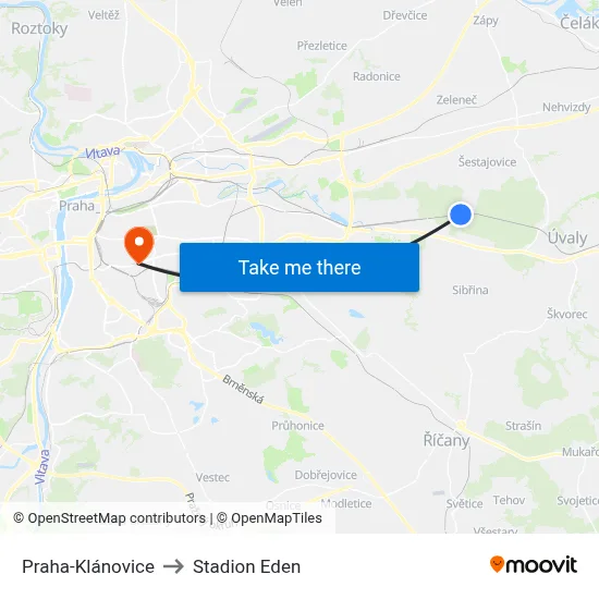 Praha-Klánovice to Stadion Eden map