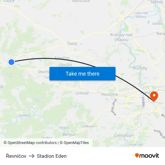 Řevničov to Stadion Eden map