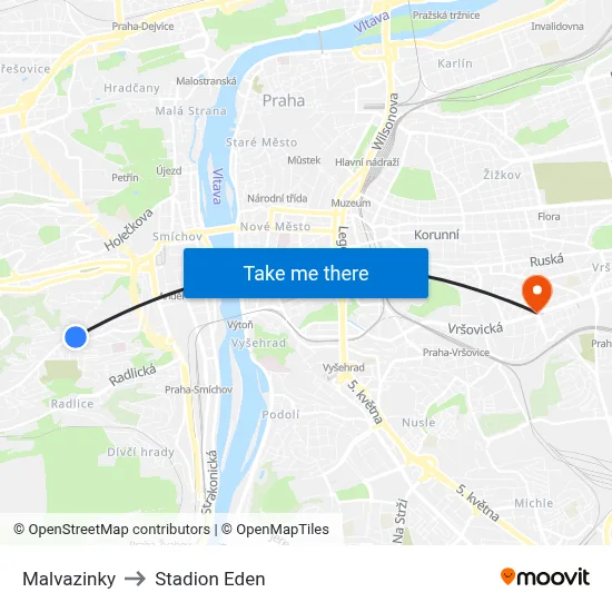 Malvazinky to Stadion Eden map