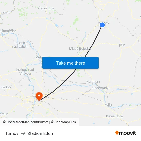 Turnov to Stadion Eden map