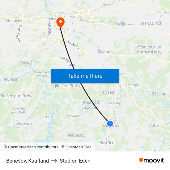 Benešov, Kaufland to Stadion Eden map