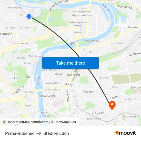 Praha-Bubeneč to Stadion Eden map