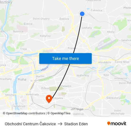 Obchodní Centrum Čakovice to Stadion Eden map