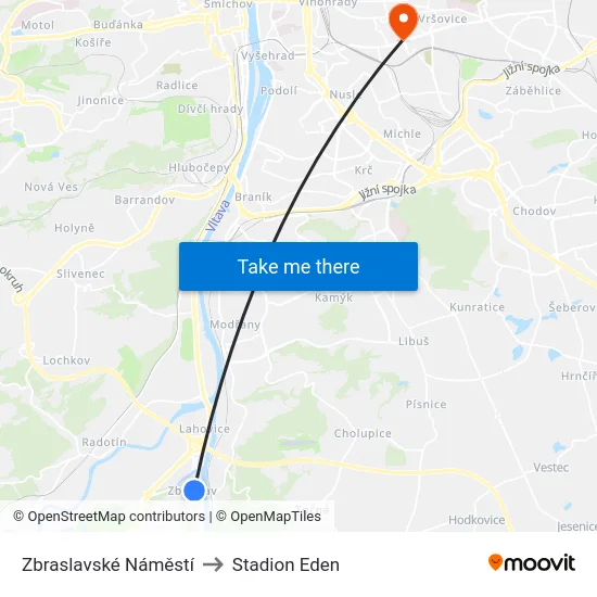 Zbraslavské Náměstí to Stadion Eden map