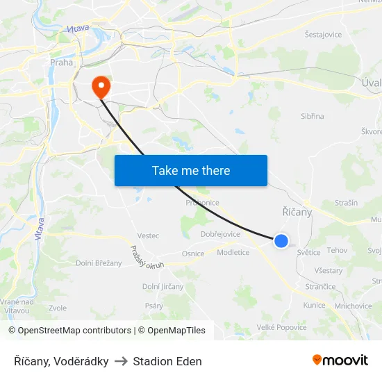 Říčany, Voděrádky to Stadion Eden map