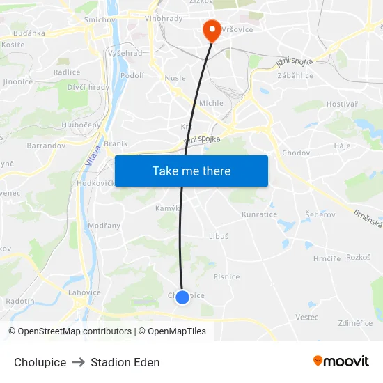 Cholupice to Stadion Eden map