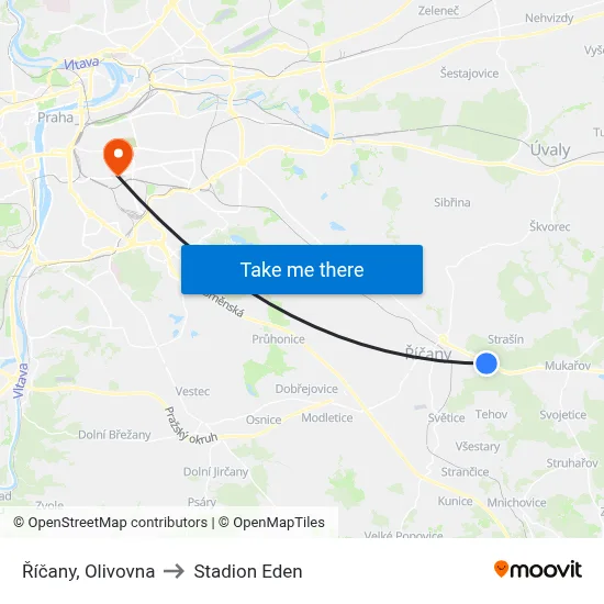 Říčany, Olivovna to Stadion Eden map