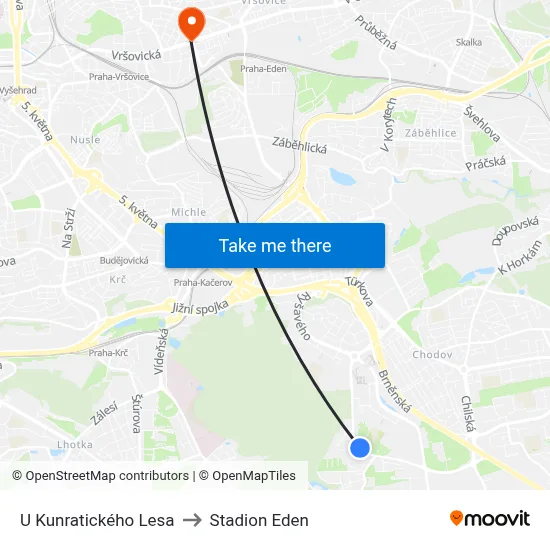 U Kunratického Lesa to Stadion Eden map