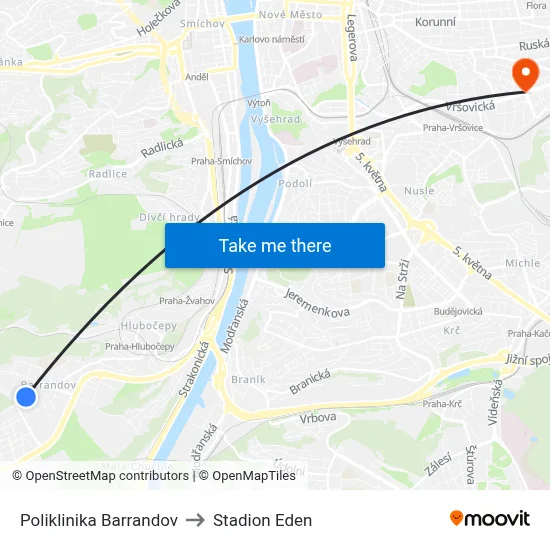 Poliklinika Barrandov to Stadion Eden map