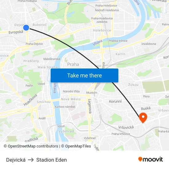Dejvická to Stadion Eden map