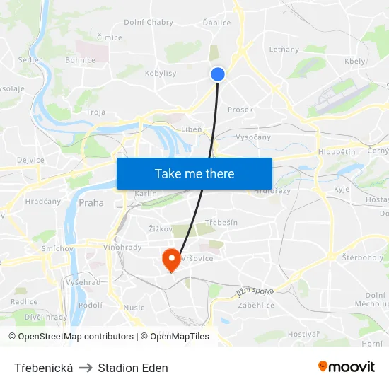 Třebenická to Stadion Eden map