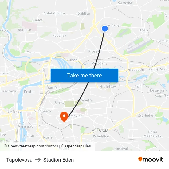 Tupolevova to Stadion Eden map