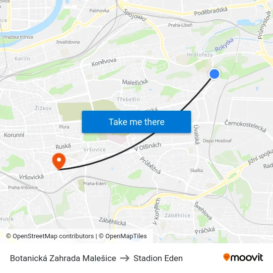 Botanická Zahrada Malešice to Stadion Eden map