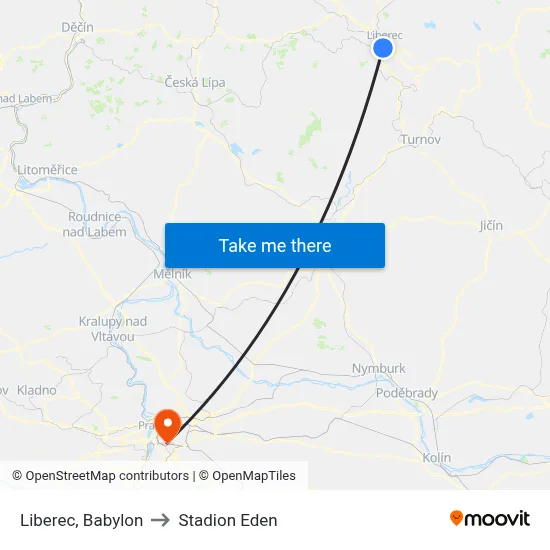 Liberec, Babylon to Stadion Eden map