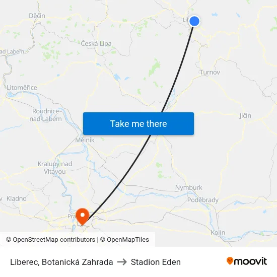Liberec, Botanická Zahrada to Stadion Eden map