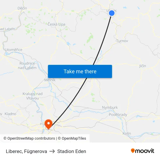 Liberec, Fügnerova to Stadion Eden map