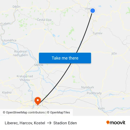 Liberec, Harcov, Kostel to Stadion Eden map
