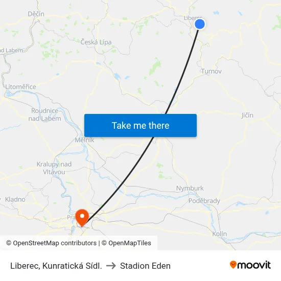 Liberec, Kunratická Sídl. to Stadion Eden map
