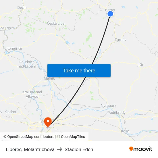 Liberec, Melantrichova to Stadion Eden map