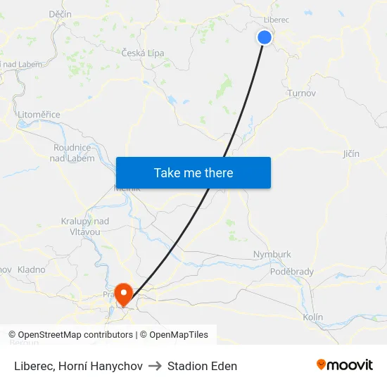 Liberec, Horní Hanychov to Stadion Eden map