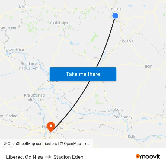 Liberec, Oc Nisa to Stadion Eden map