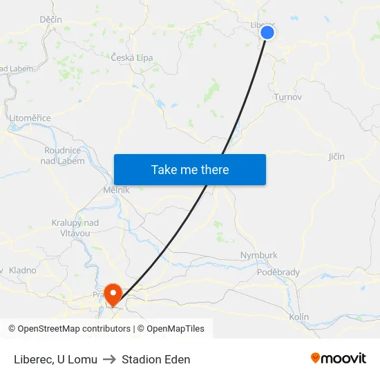 Liberec, U Lomu to Stadion Eden map