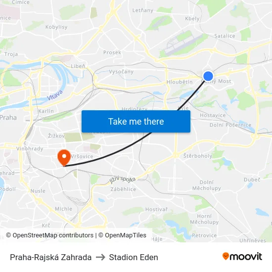 Praha-Rajská Zahrada to Stadion Eden map