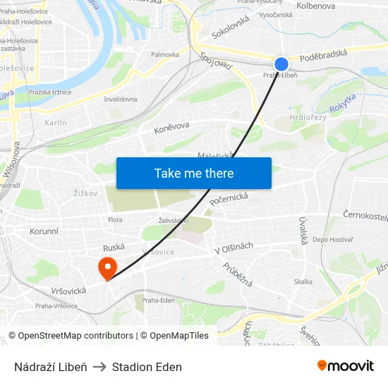 Nádraží Libeň to Stadion Eden map