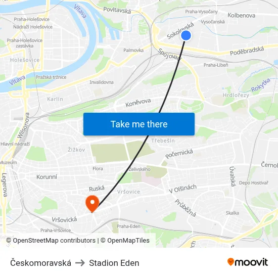 Českomoravská to Stadion Eden map