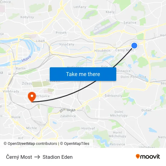Černý Most to Stadion Eden map
