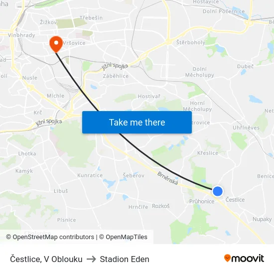 Čestlice, V Oblouku to Stadion Eden map