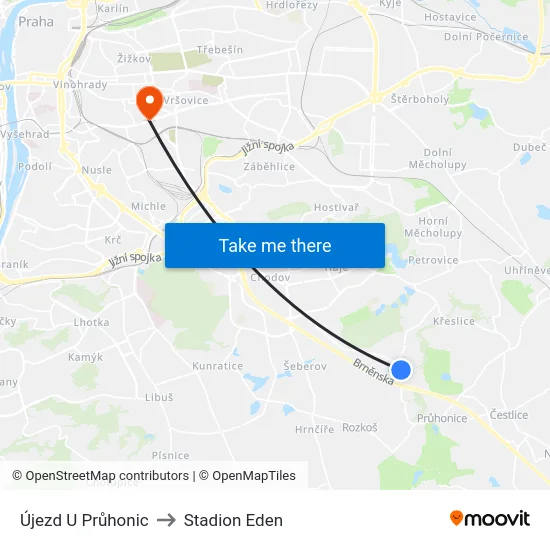 Újezd U Průhonic to Stadion Eden map