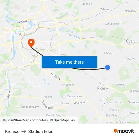 Křenice to Stadion Eden map