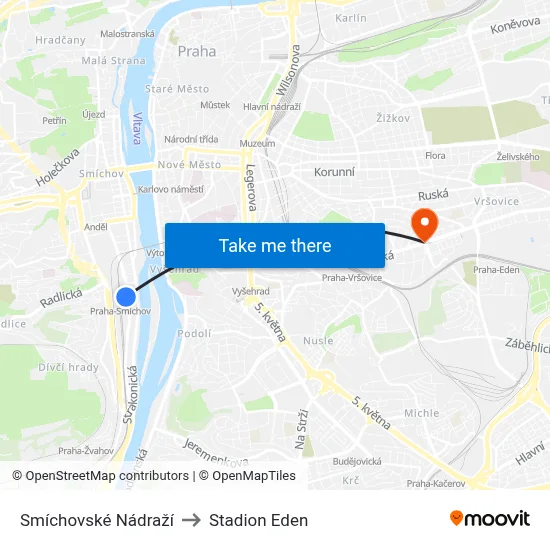 Smíchovské Nádraží to Stadion Eden map