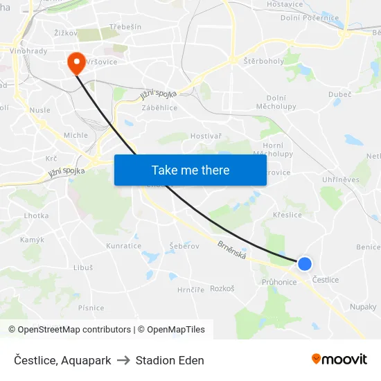 Čestlice, Aquapark to Stadion Eden map
