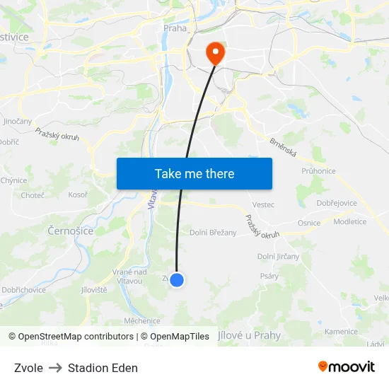 Zvole to Stadion Eden map