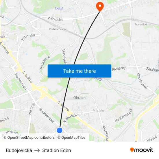Budějovická to Stadion Eden map
