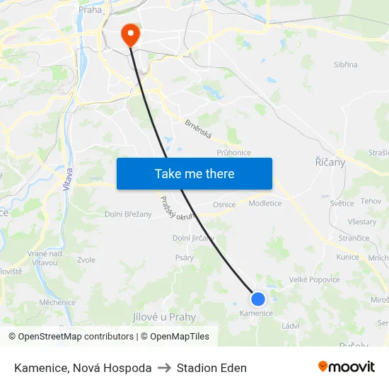 Kamenice, Nová Hospoda to Stadion Eden map