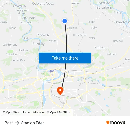 Bašť to Stadion Eden map