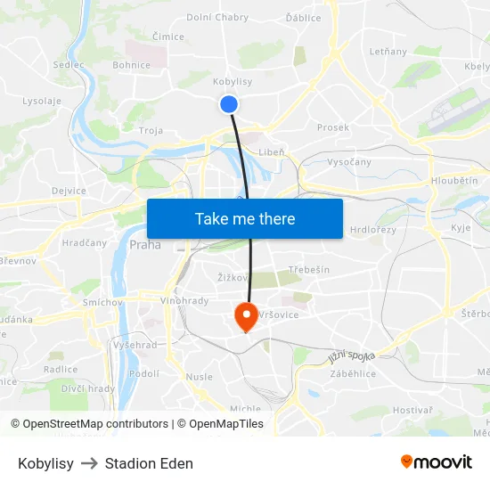 Kobylisy to Stadion Eden map